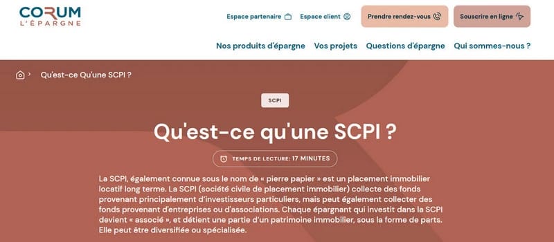 Capture d'écran d'un article expliquant les SCPI (Société Civile de Placement Immobilier) sur le site Corum L'épargne