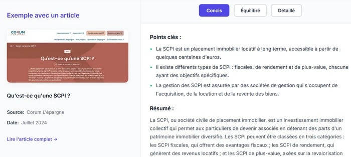 Capture d'écran montrant les trois formats de résumé disponibles sur Aclario : concis, équilibré et détaillé